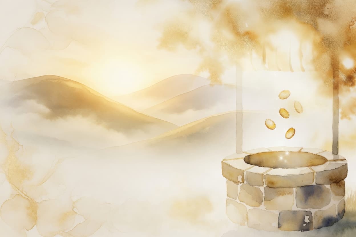 A golden wishing well with coins drifting in on a soft hillside at sunrise